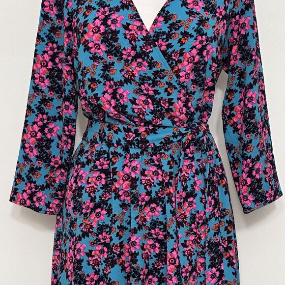 Cheztu Womens‎ Dress 12 Turquoise Blue Pink Floral Faux Wrap Ruffle Cottagecore - Picture 3 of 16